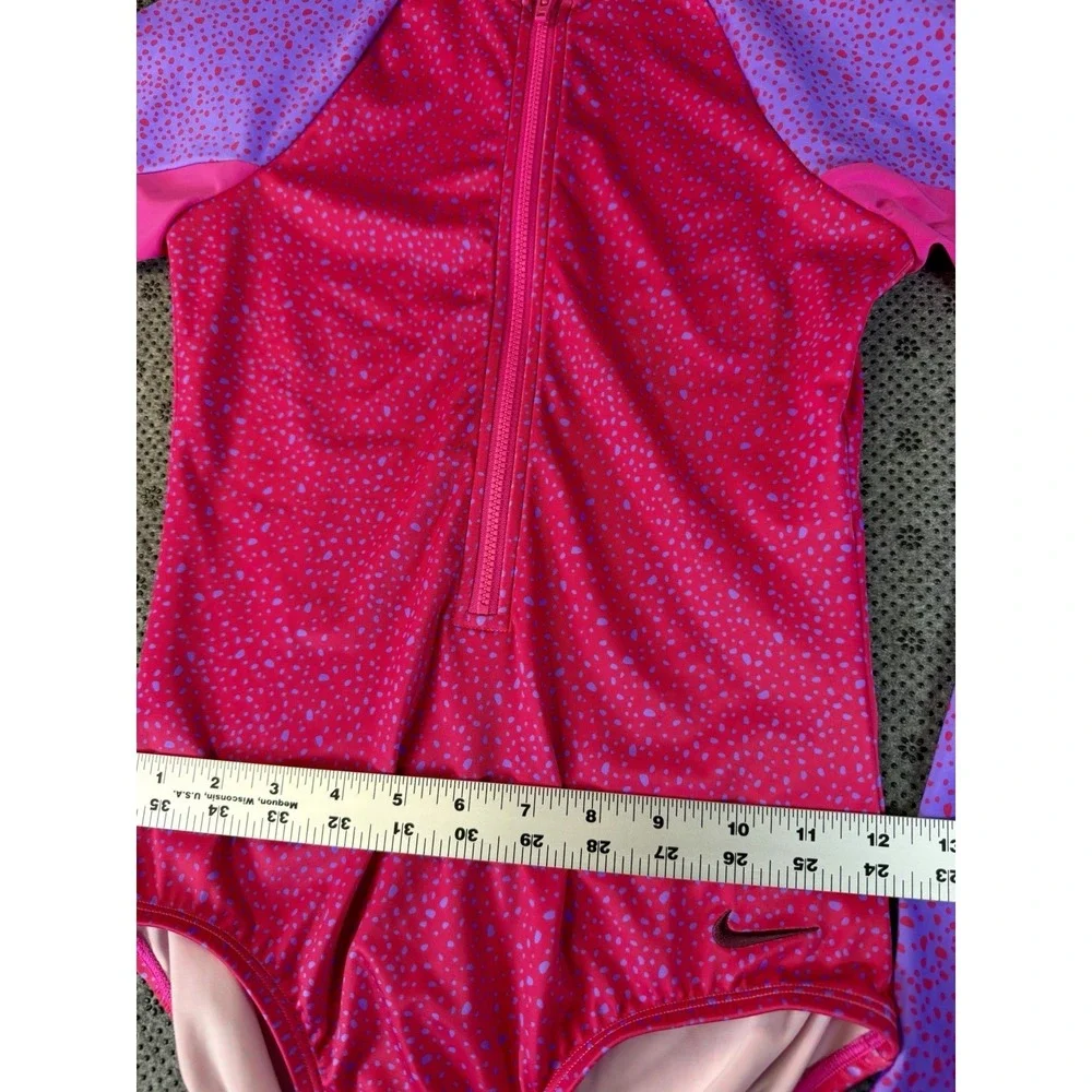 Nike Girls Long Sleeve One-Piece Swimsuit Pink Purple Water Dots Size L (14/16) - Picture 8 of 11